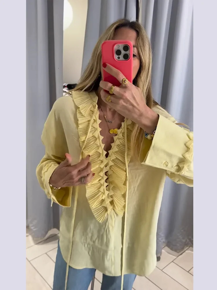 Ruffles Full Sleeve Chiffon Solid Shirt Women Casual Loose V Neck Yellow High Street Blouses 2025 Spring Summer Holiday Tops 250513