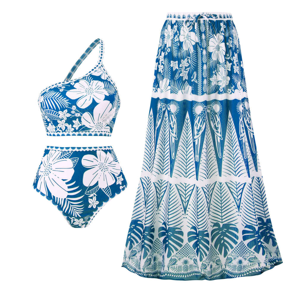 New French retro split three piece bikini swimsuit, women's European American sexy one shoulder mesh skirt swimsuit set, 2025 new style, chic and