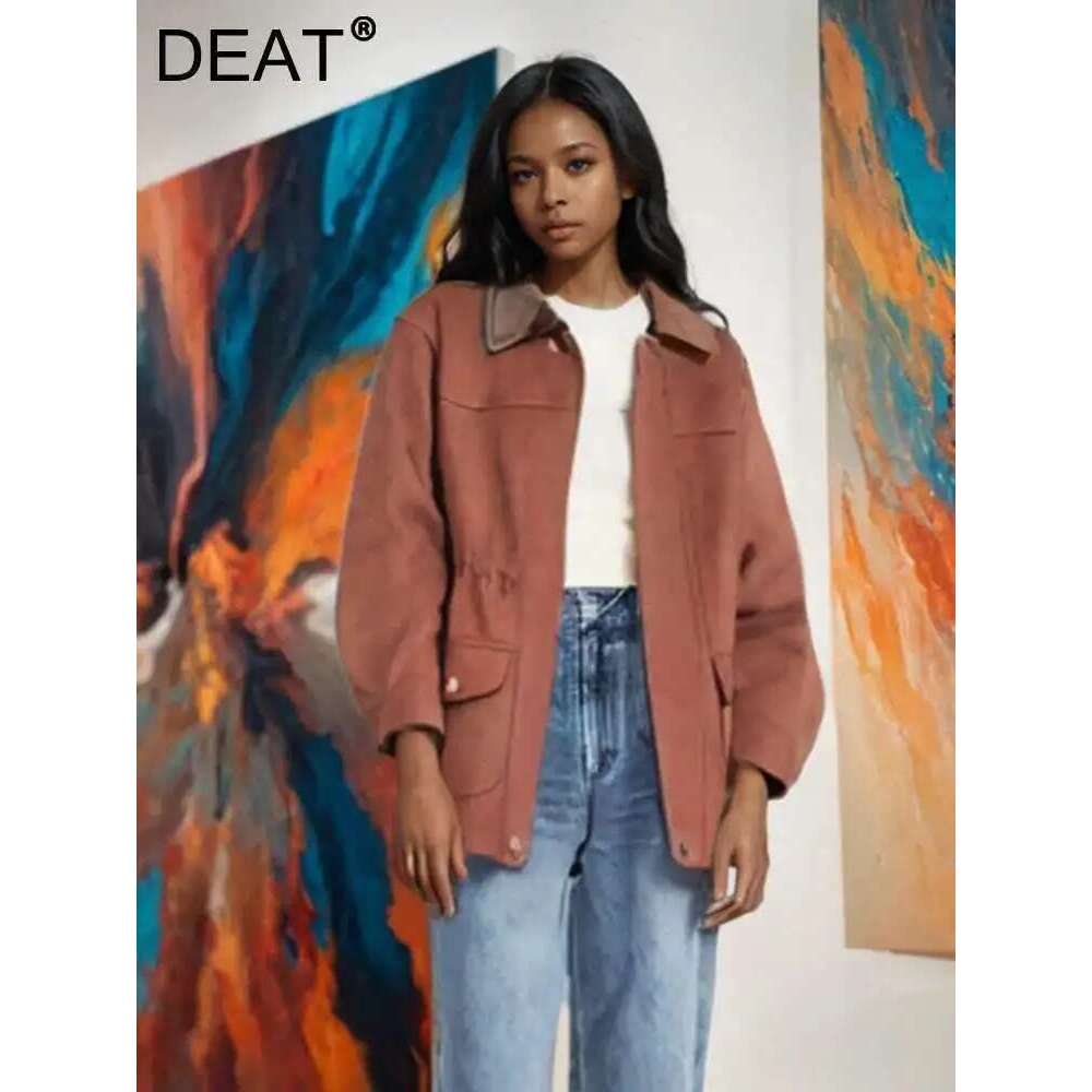DEAT Trendy Women's Elastic Waist Design Loose Coat Autumn Vintage Fashion Lapel Long Sleeve Zipper Jacket Female 33A1908