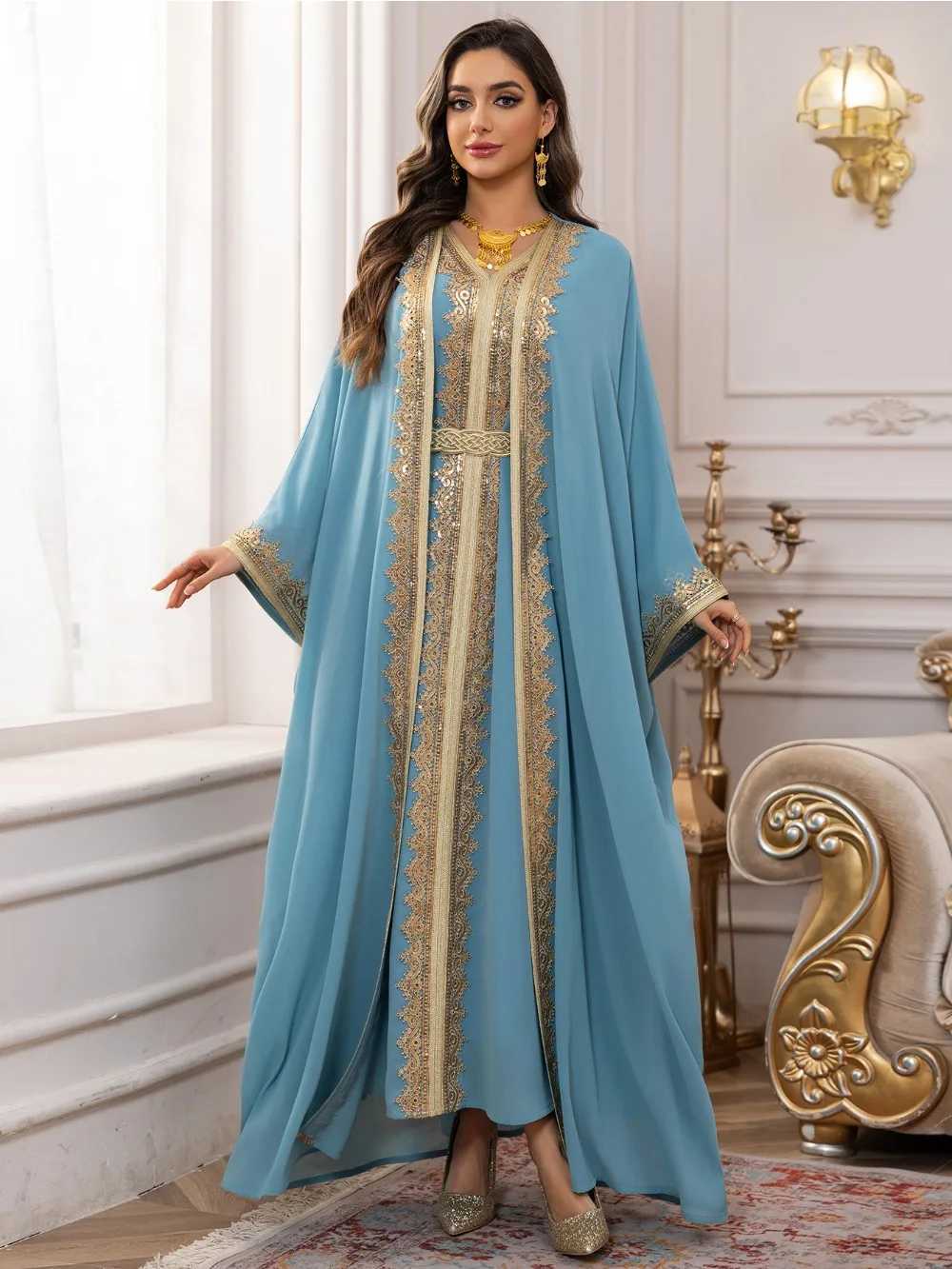 Eid Women Abaya Dress Muslim 2 Piece Set Cardigan with Inner Dress Lace-up Robe Caftan Robe Jalabiya Ramadan Morocco Kaftan 2025 X2505141