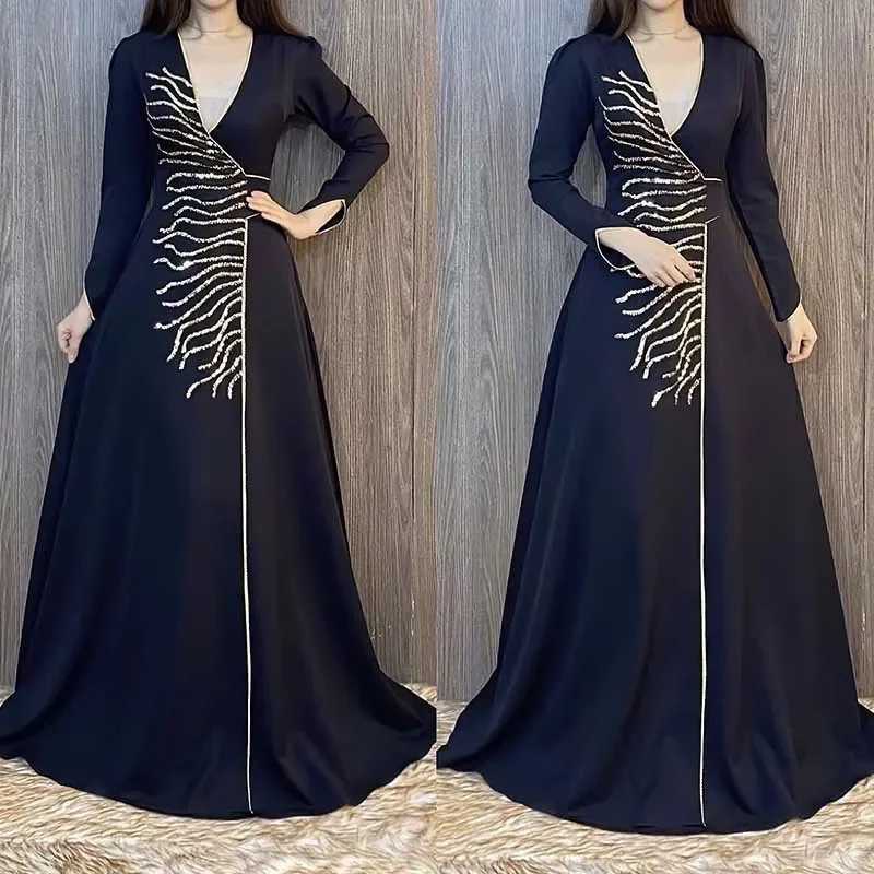 Hand-made Beading Diamonds Middle East Evening Dress V Neck Elegant Women Muslim Abayas Dubai Party Maxi Dreses Gowns Vestidos X250514
