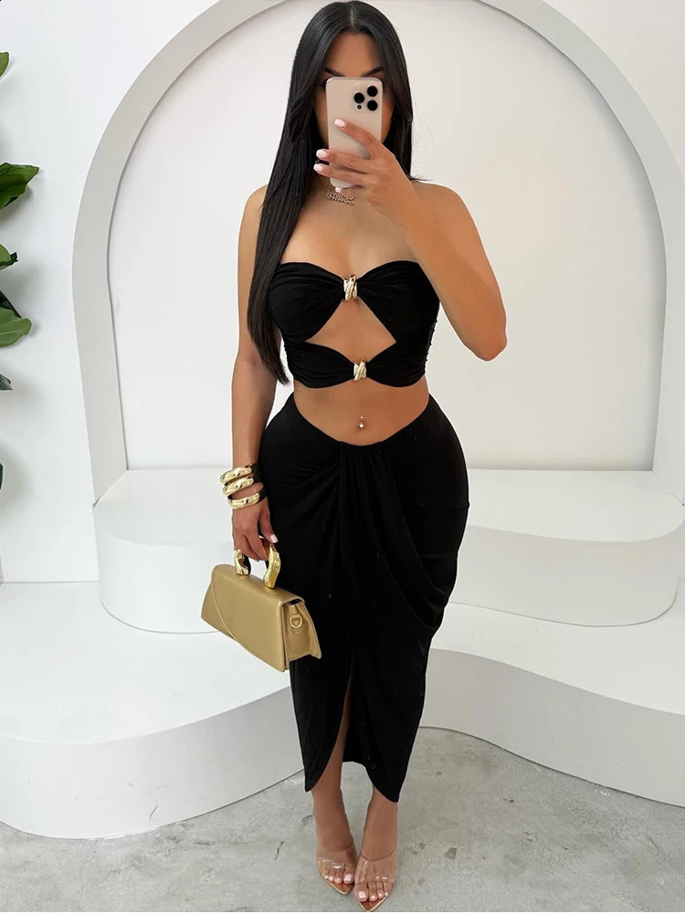 Weird Puss Hollow Metal Buckle 2 Piece Set Women Y2K Solid Tube TopsIrregular Split Maxi Skirt Matching Clubwear Outfits 250513
