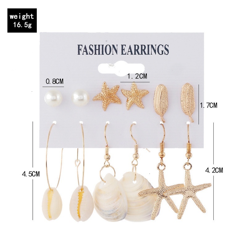 New earring accessories starfish large circle scallop star leaves pearl 6 pairs set earrings