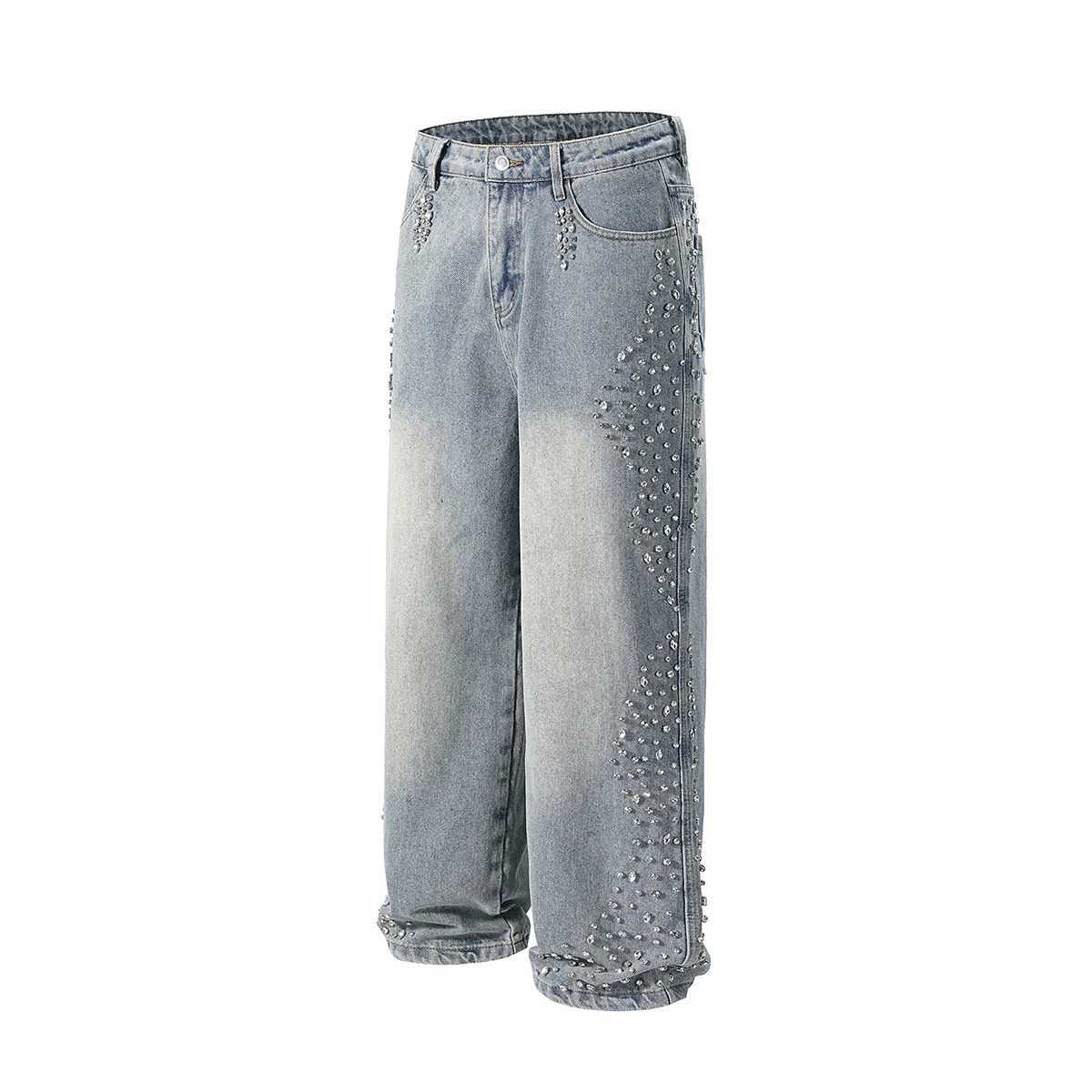 Pearl dded Diamond Jeans for Men Full Rhinestone Straight Blue Baggy Denim Trousers Hot Drill Vintage Loose Casual Cargos X250514