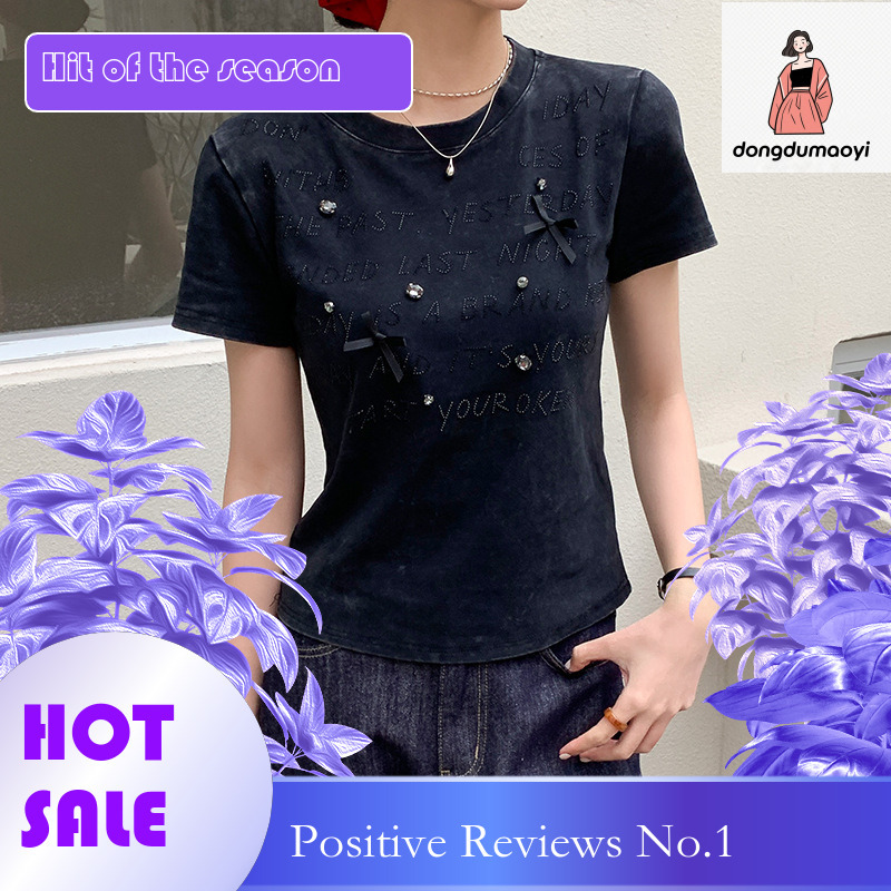 dongdumaoyi Bow heavy industry diamond inlaid gray shoulder short sleeved T-shirt for women's summer style, unique slim fit and slimming round ne