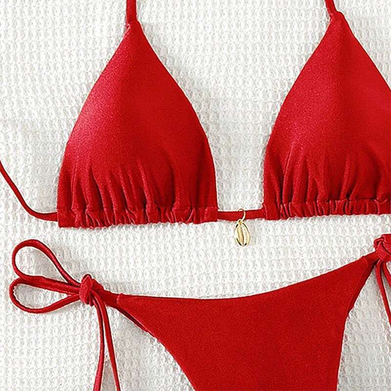 2 Pcs/Set Bikini Sexy Bikinis Bathing Suit Solid Color Halter Neck Strap Thong Women Swimsuit Set for Beach Swimwear