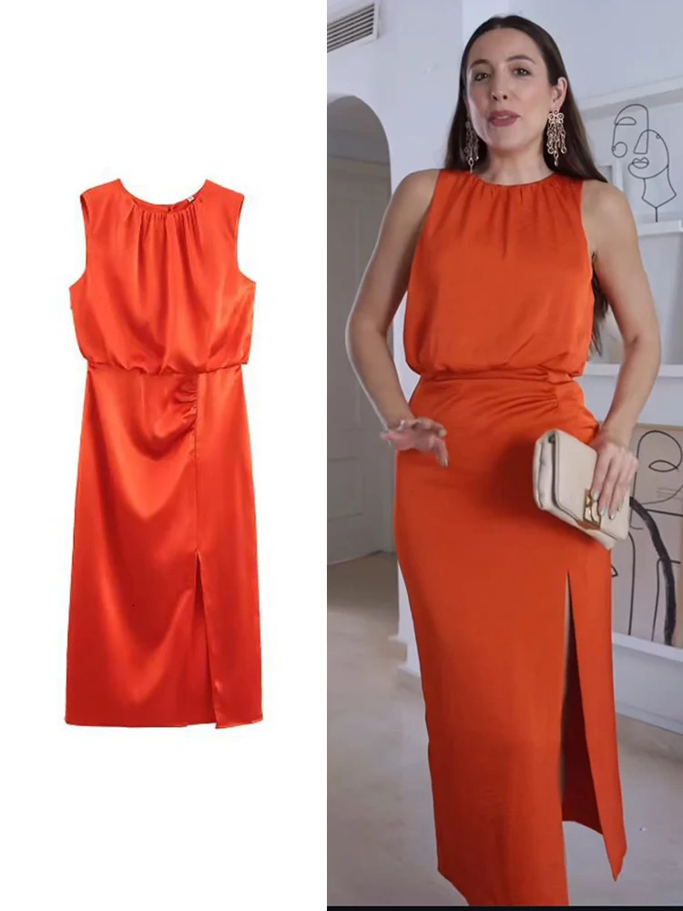 TRAF Women Elegant Solid Pleated Dress Summer Fashion Oneck Sleeveless Slim Party Simple Causal Ladies 250514
