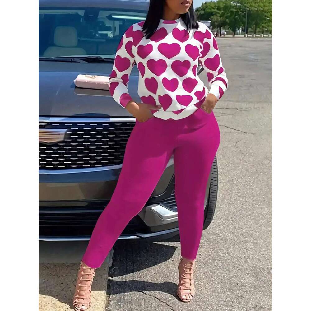 LW Plus Size women's clothing Heart Print Pocket Pants Set casual Autumn Two pieces Female long sleeve Top + pants sets