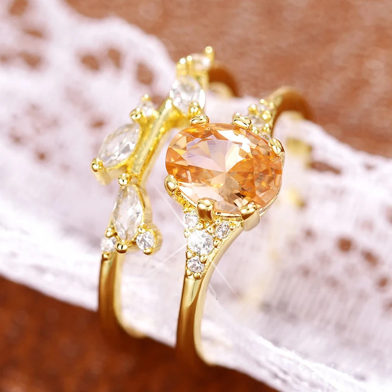 Huitan Champagne CZ 2Pcs Women Rings Aesthetic Wedding Accessories Gold Color Exquisite Leaf Rings Party Fashion Jewelry Sets 250509