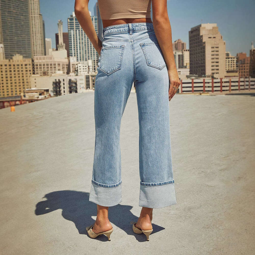 2025 Spring New Elastic Straight Leg Jeans for Women Quality Edition with Curled Edges and High Waist Pants Discount in Limited Time Fashionable Solid