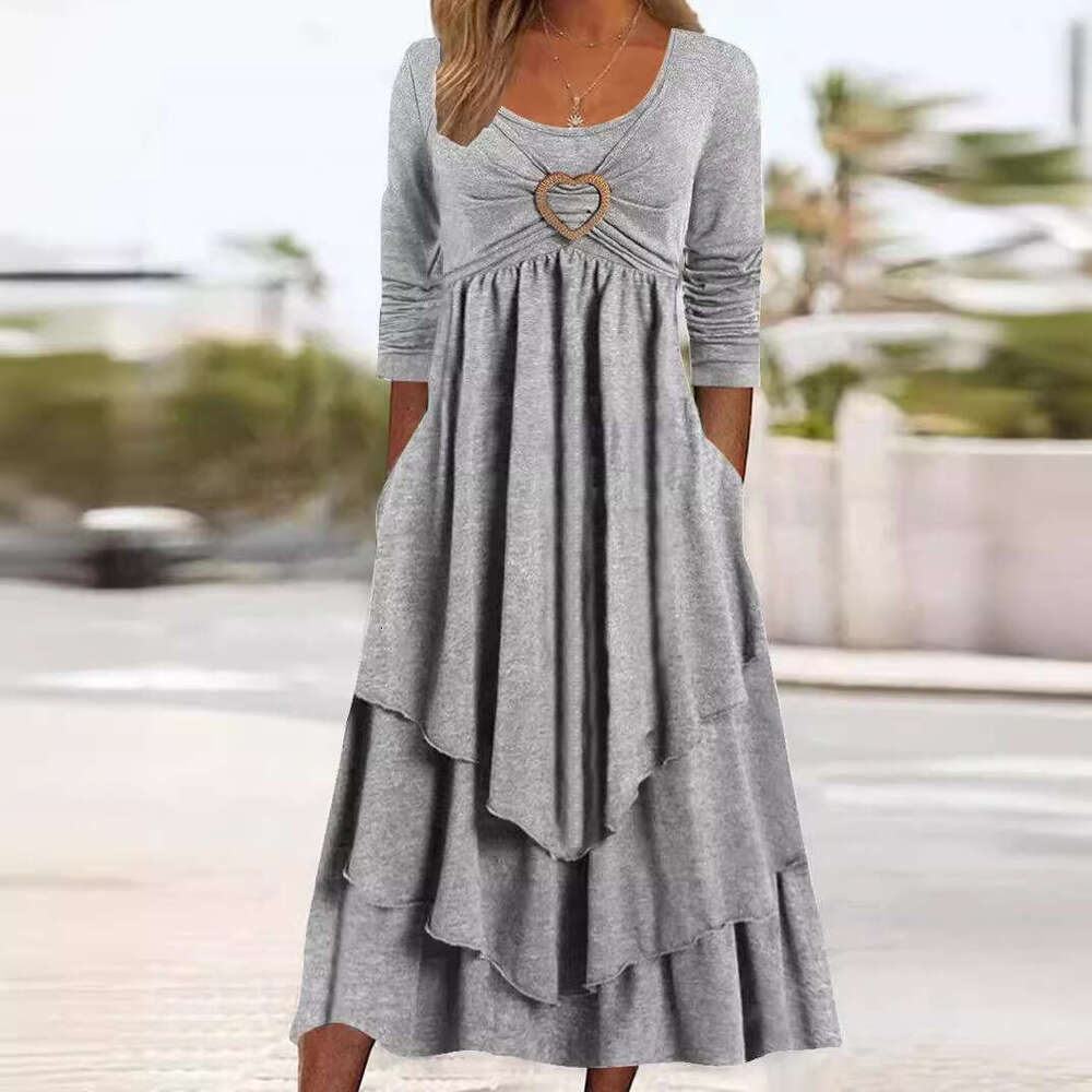 Women Clothes Dress Spring And Autumn New Solid Color Waistband Love Decoration By Layer Cake Hem Casual Dress KQ
