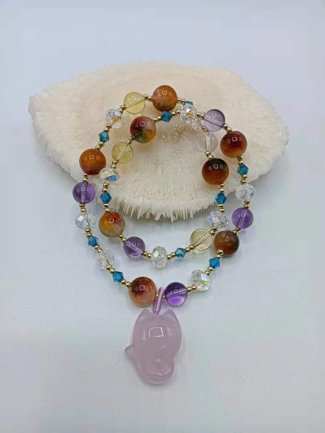 Purple Stone Fox Pendant with Double Loop Pearl and Bead Bracelet