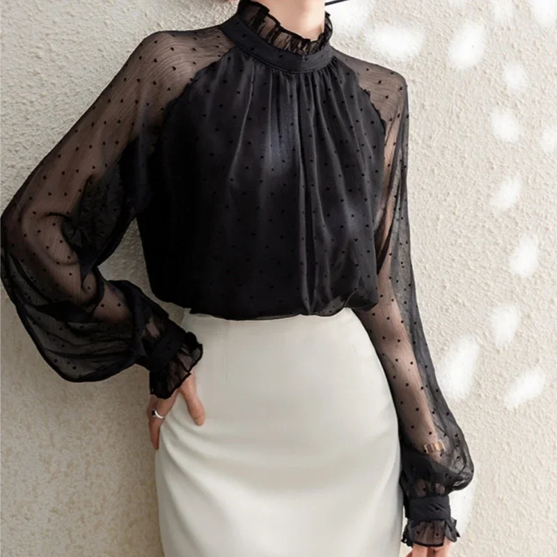 Spring Summer Black Polka Dots Mesh Womens Chiffon Blouses Long Sleeve Stand Collar Vintage Loose Shirts Female 250514