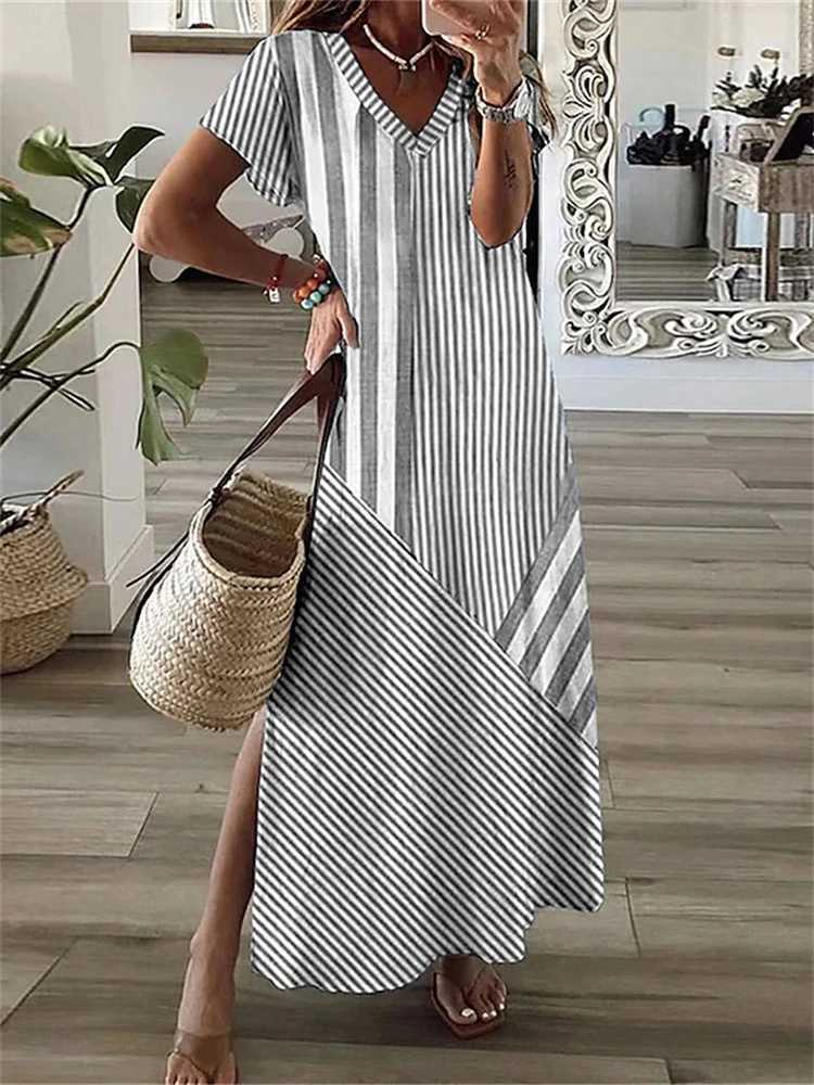 Simple Fashion Womens V-neck Dress Striped Print Womens Dress Summer Loose Comfortable Slit Womens Short-sleeved DressXJ250514