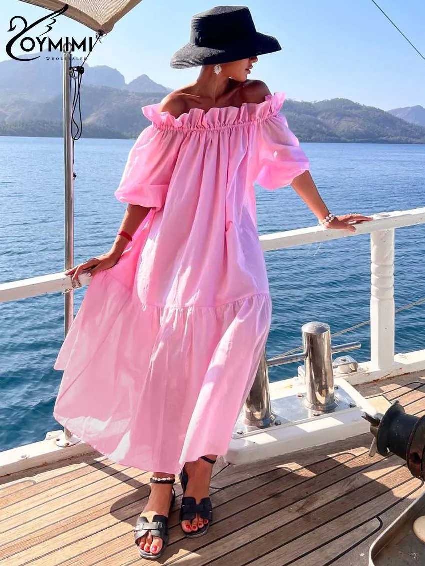 Oymimi Fashion Pink Cotton Womens Dresses Casual Slash Neck Three Quarter Sleeve Dress Elegant Loose Pleated Ankle-Length DressXJ250514