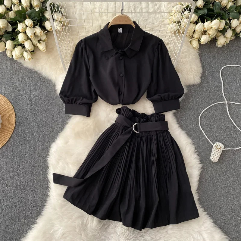 Two Peice Set For Women Summer Turn Down Collar Crop Top Shirt Pleated Mini Skirt Tracksuit Lounge Club Outfits Streetwear 250514