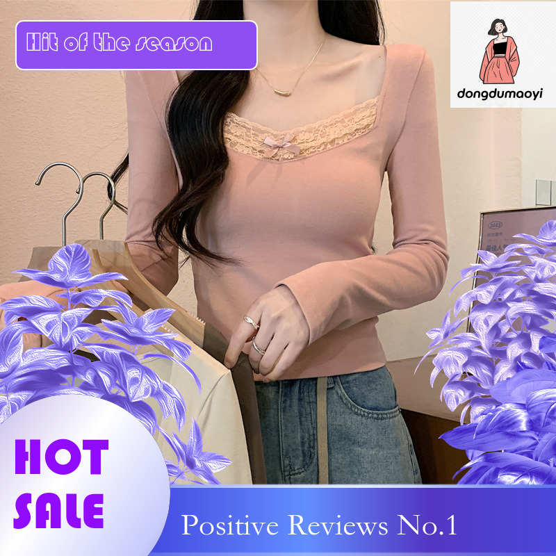 dongdumaoyi French style design round neck long sleeved shirt for women, 2024 autumn lace patchwork short base shirt, inner top
