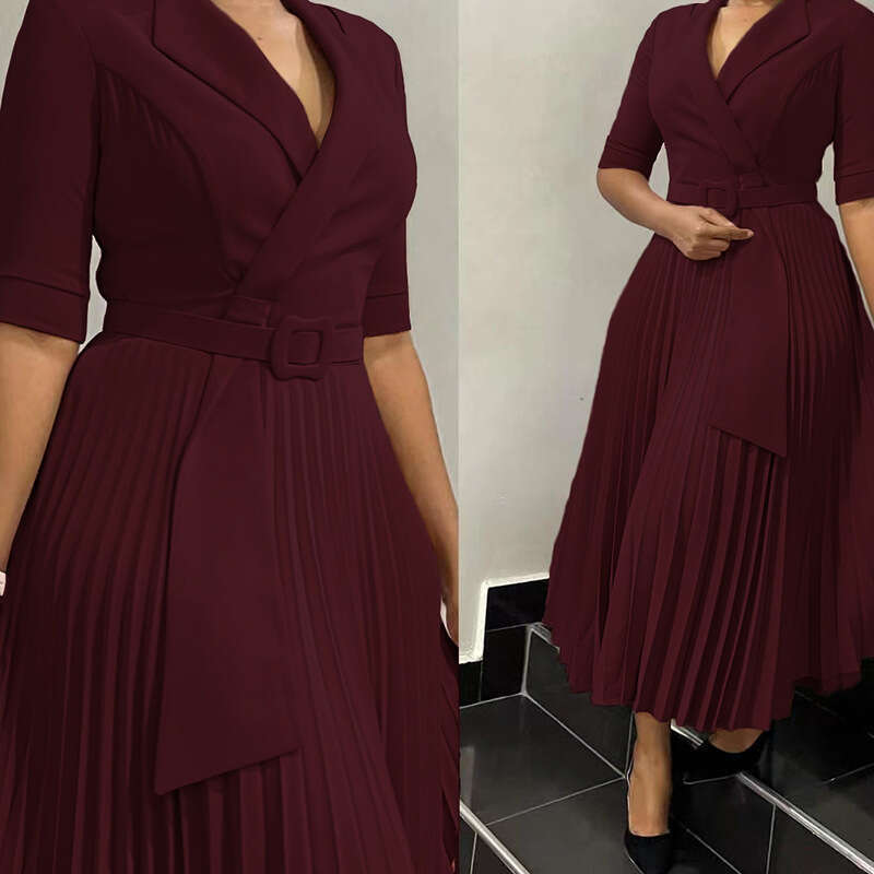 Women's Wear Women's Clothing Autumn And Winter New OL Fashion Suit Collar Pleated Waist Cinched Plus Size Dress