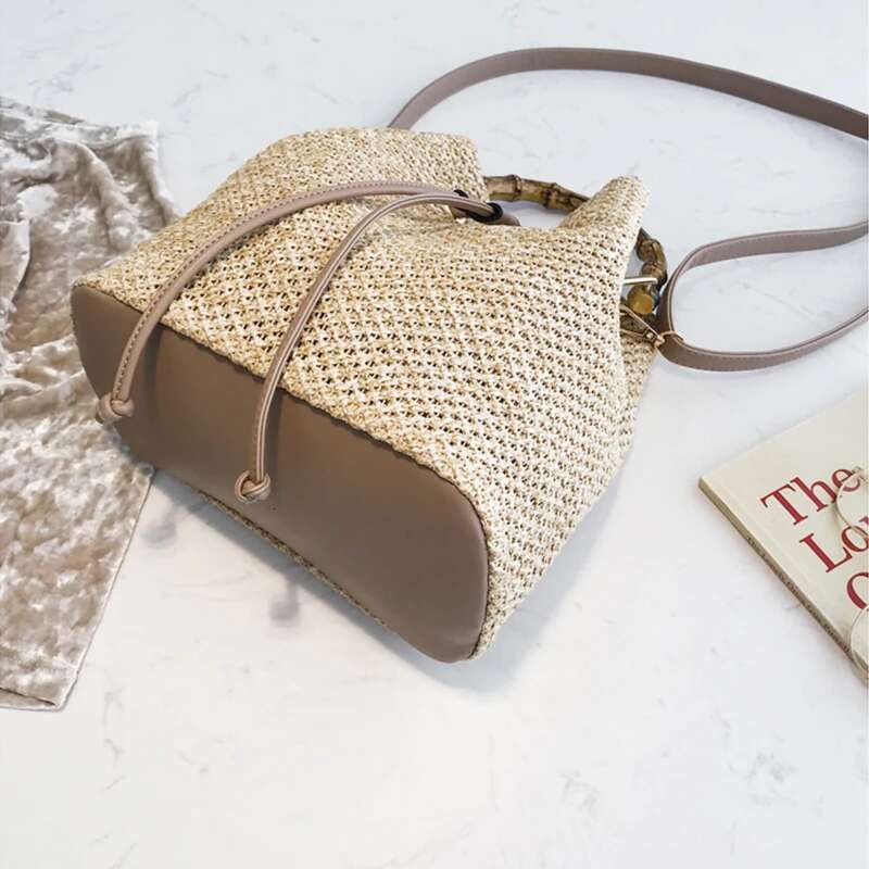 New Women's Bohemian Crossbody Bag Drawstring Straw Woven Bucket Bags Female Rattan Wicker Bamboo Handle Beach Handbags
