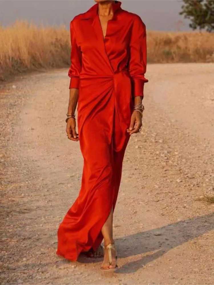 Womens Fashion Casual Split Long Dresses Spring Autumn Lapel Long Sleeve Shirt Skirt High Waist Solid Color Loose Lace Up DressXJ250514