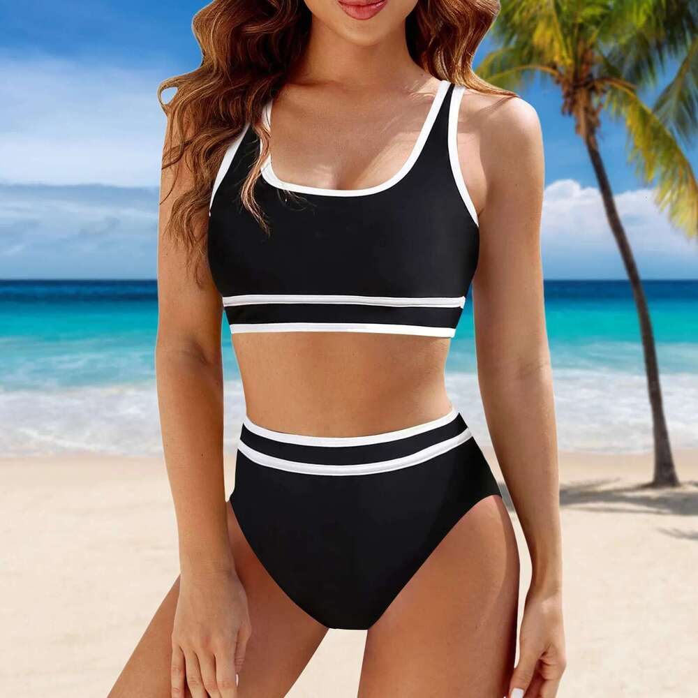 Waisted Sets Sporty Swimsuit Two Piece Color Block High Cut Square Neck Swimwear Women's Slim Fit Bikini