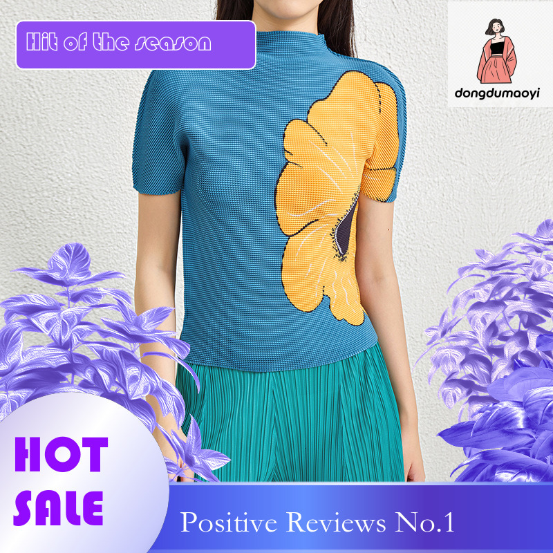 dongdumaoyi Miyake short sleeved stand up collar top women's pleated 2025 summer new item skin friendly high elasticity plus size slimming temper