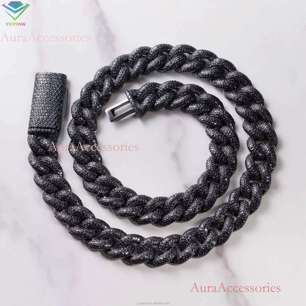 VVS Dia 2rows Iced Out 13mm S Sier GRA Black Moissanite Necklace Mans Hiphop Cuban Link Chain for Fashion Jewelry