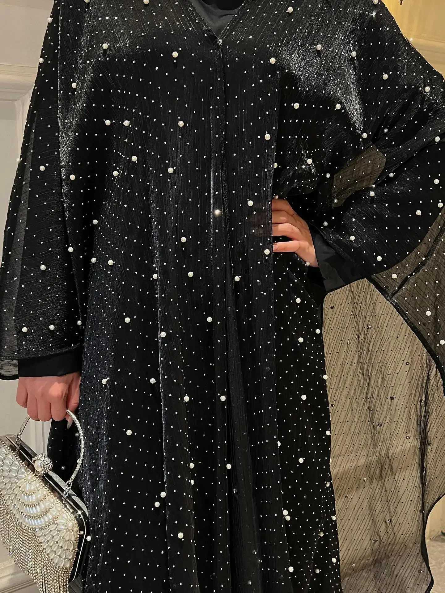 Women Muslim Clothing Abaya Pearl Dress Robe 2 Piece Set Dubai Shiny Kimono Abayas Islam Jalabiya Eid Ramadan Gown Kaftan Suits X250514