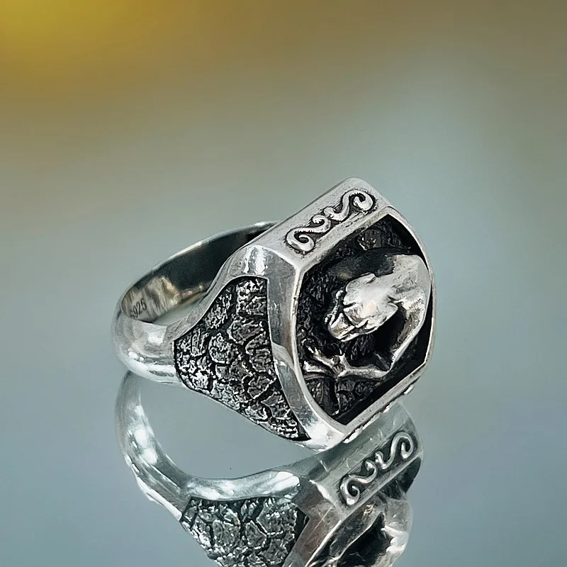 S925 Silver Vintage Made Old Cheetah Oxidized Black Ring Punk Wind Men and Women Ring 250509