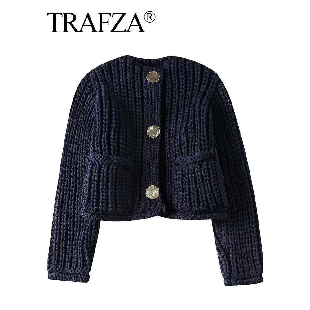 TRAFZA Autumn Knitted Cardigan For Women Casual Button O-Neck Long Sleeve Female Sweater Fashion Solid Loose Lady Cardigans