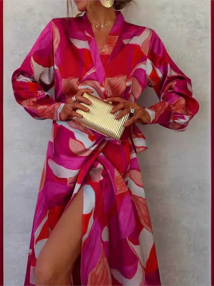 2024 Autumn New Print Dresses Women Long Sleeve V-neck Leace-up Slit Dress Fashion Temperament Elegant Lady Commuting DressesXJ250514