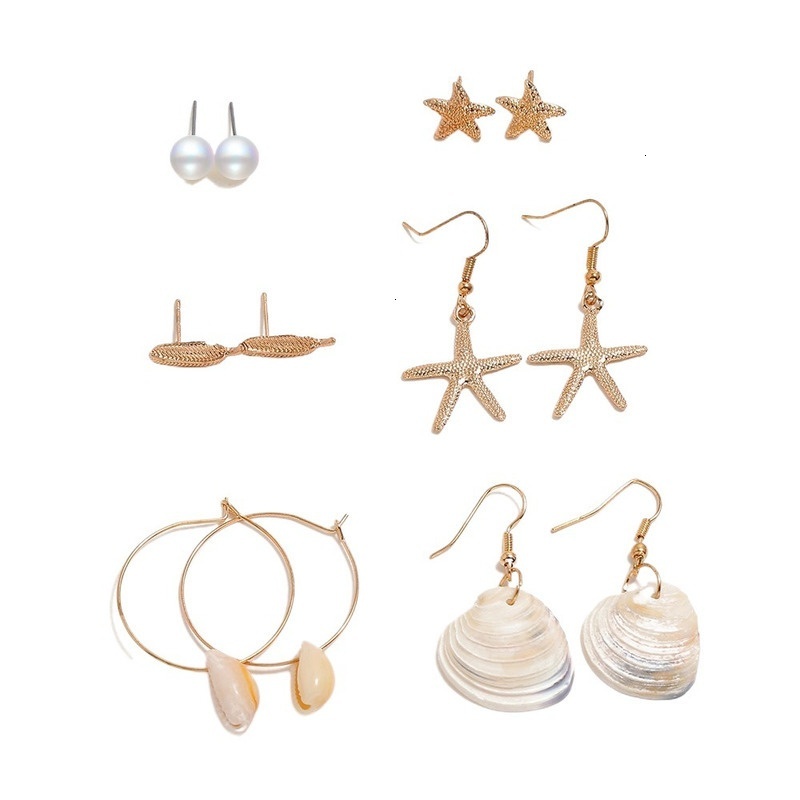 New earring accessories starfish large circle scallop star leaves pearl 6 pairs set earrings