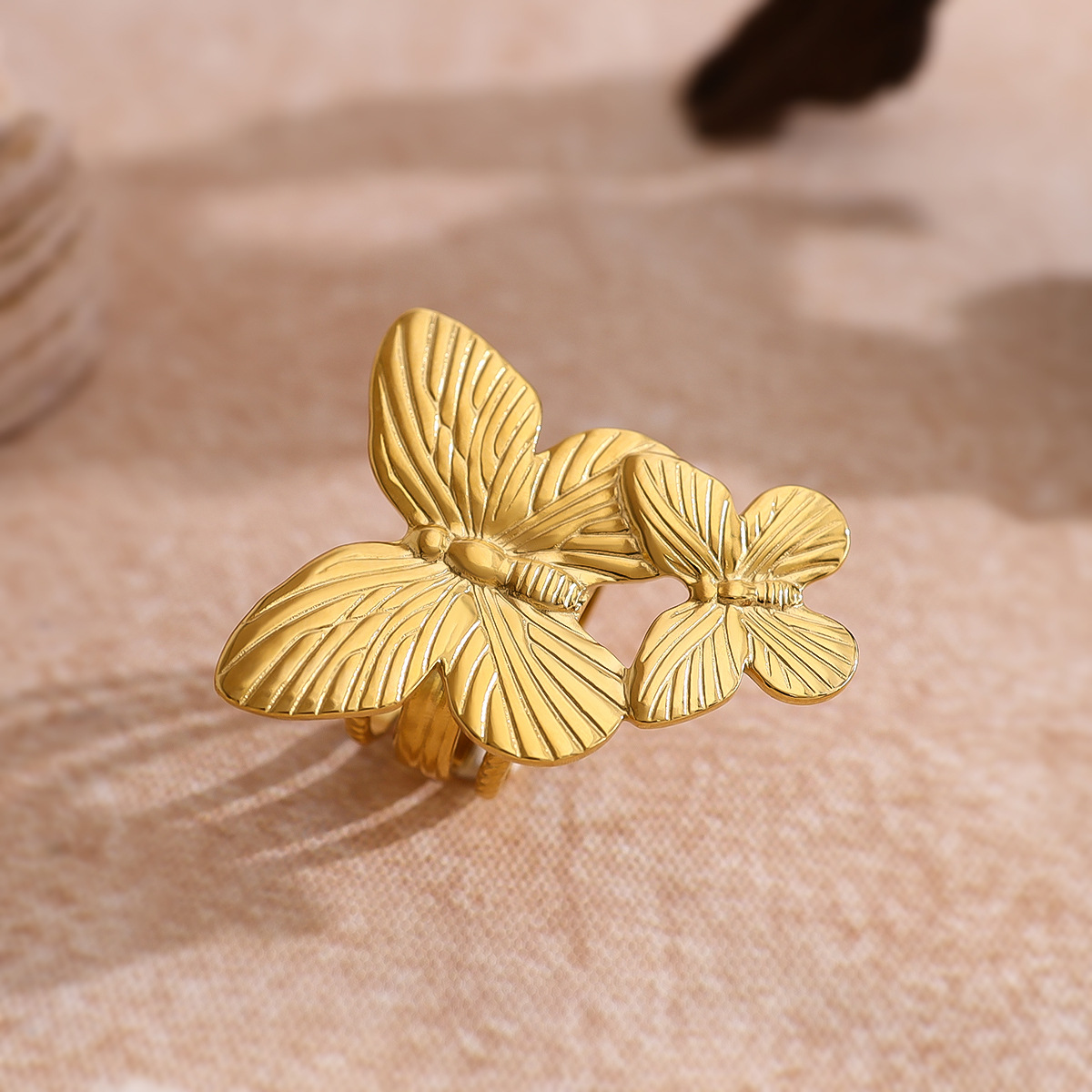 Exaggerated Butterfly Design Ring - Unique Double-layer Textured Stainless Steel Ring with PVD 18K Gold Plating for Women