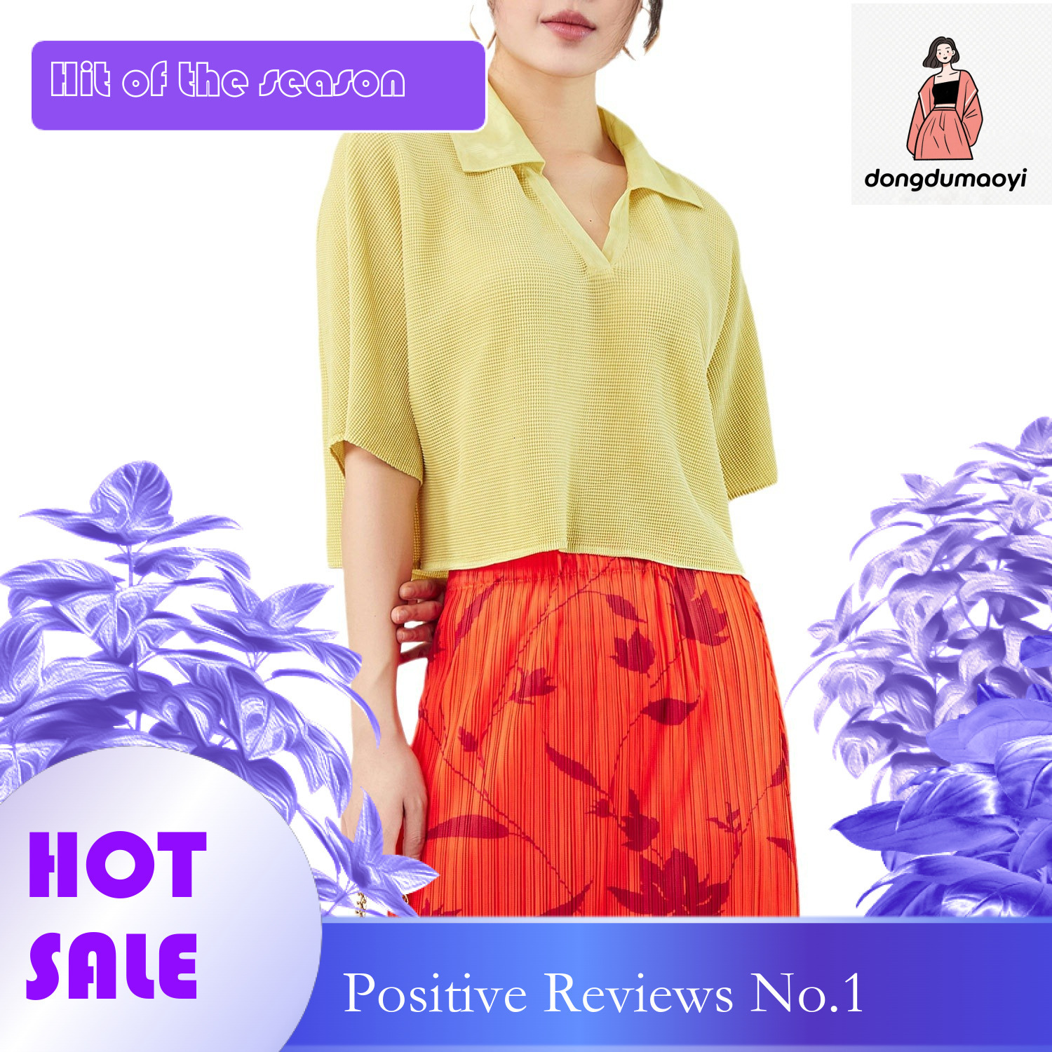 dongdumaoyi Miyake Age reducing and Western style Polo collar short pleated T-shirt for women's summer new casual versatile slimming solid color 