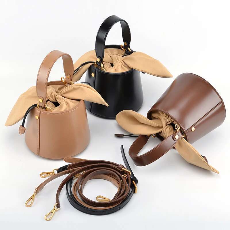 Rabbit Ears Versatile Bucket Genuine Leather Cowhide High Quality Women Handbag Shoulder Messenger Lady Purse Casual Bag