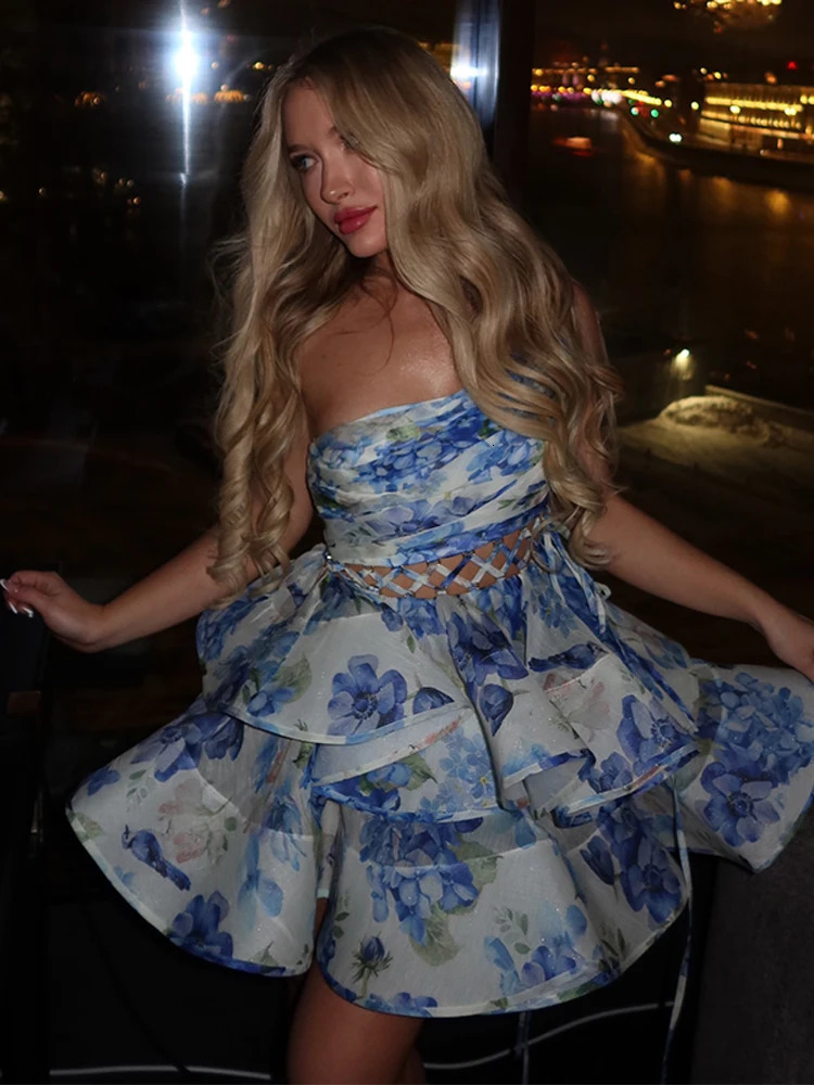 Single Shoulder Hollow Out Dresses Woman Pleated Printed Sleeveless Short Dress Elegant Fashion Womens Fluffy Mini 250514