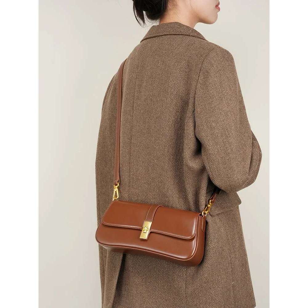 Genuine Leather Women Baguette Shoulder Cowhide Solid Color Handbag Underarm Fashion Ladies Shopping Bag Gift
