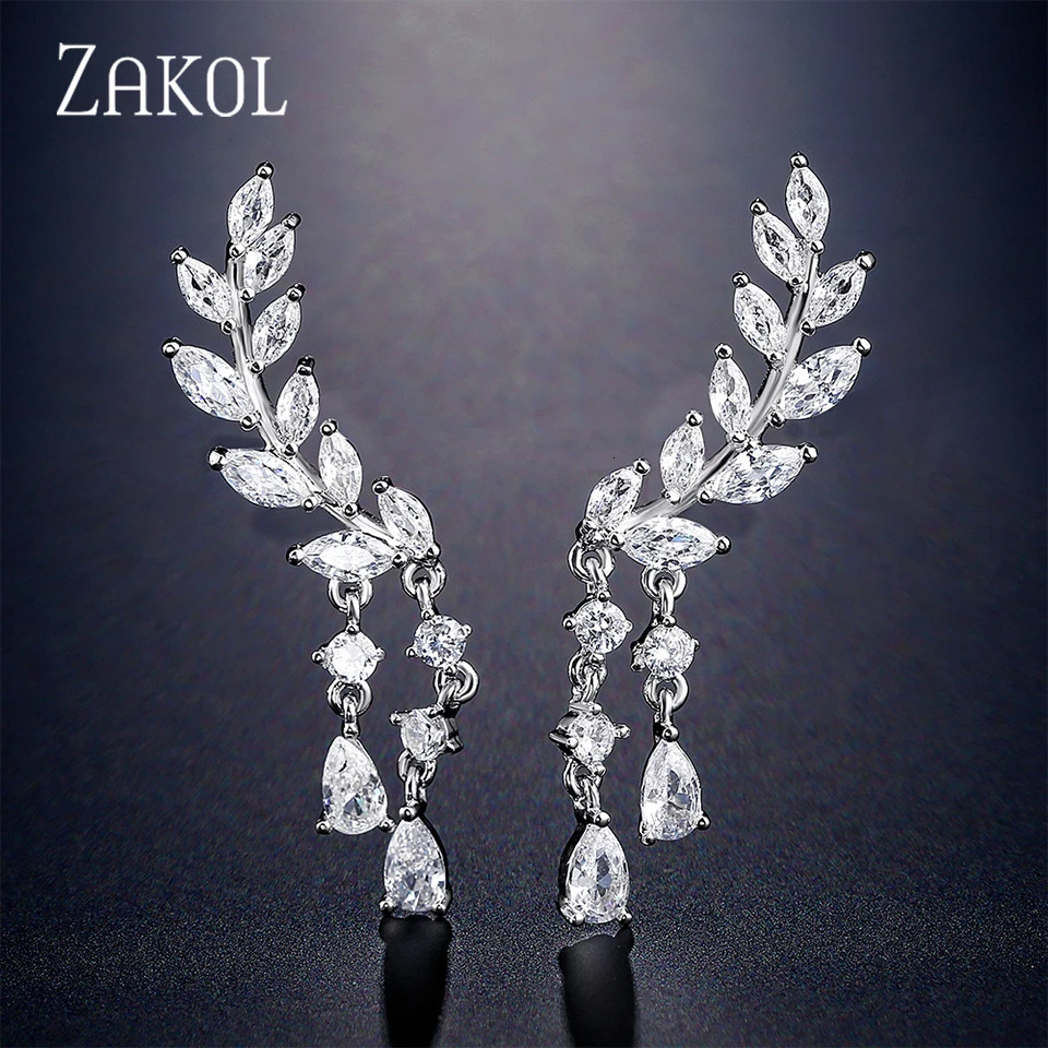 ZAKOL CZ Crystal Zirconia Leaf Long Tassel Drop Earrings for Women Girl Fashion Wing Wedding Party Jewelry 250513