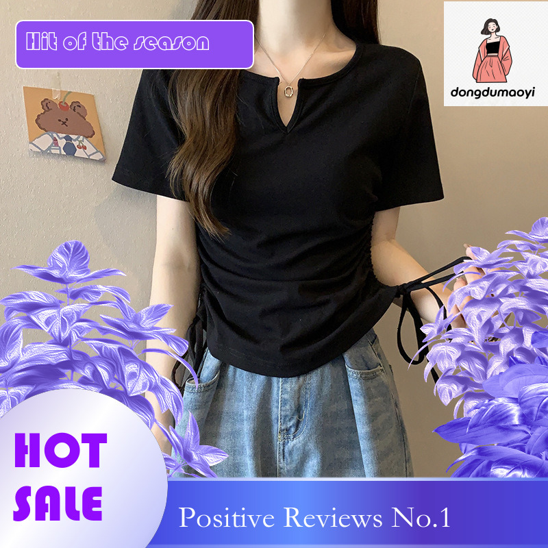 dongdumaoyi Design sense drawstring slim fit short sleeved T-shirt with exposed waist and spicy style women's clothing 2025 summer new sweet shou
