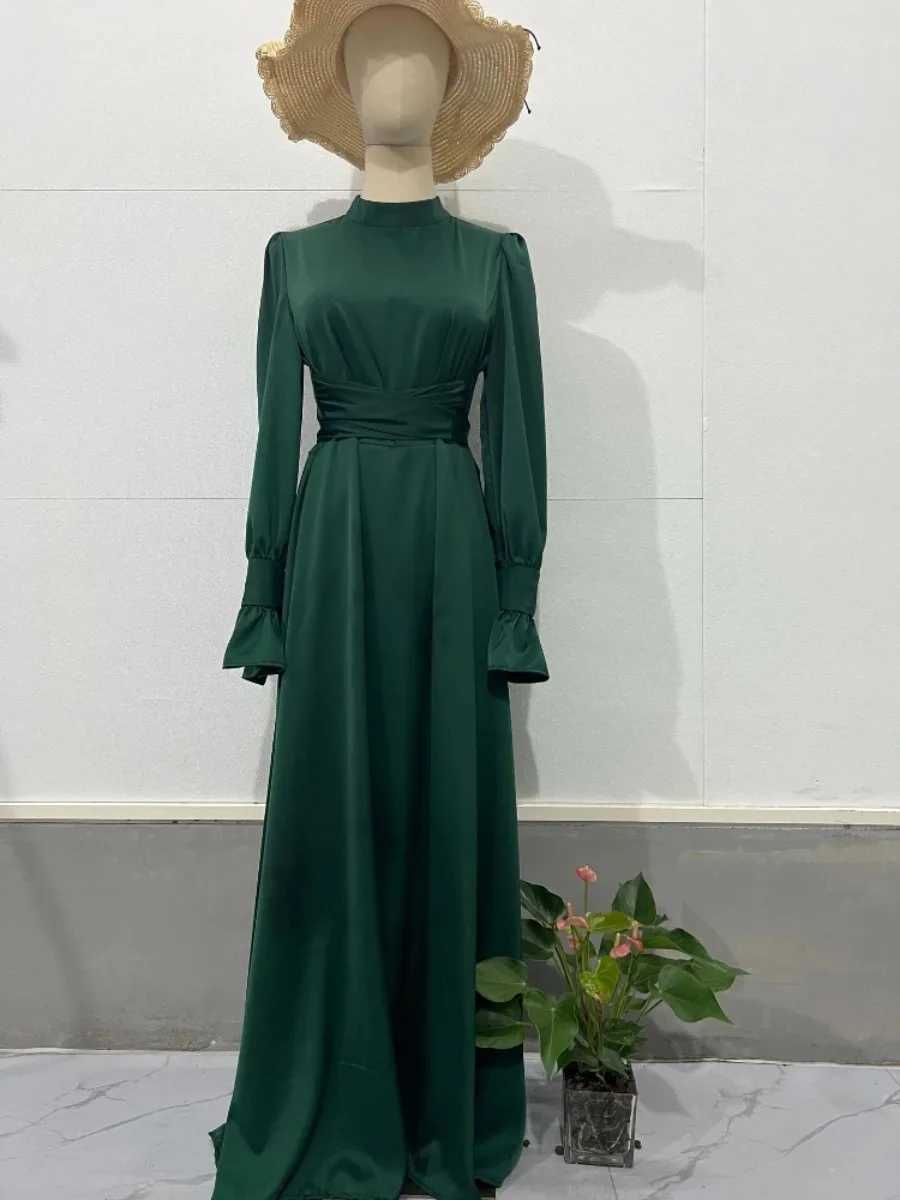 Eid Satin Muslim Dress for Women Abaya Party Dresses Ramadan Lace-up Islam Flare Slve Vestidos Largo Dubai Arab Long Robe 2024 X250514
