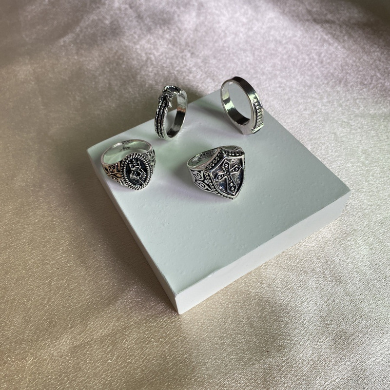 New Hip Hop Four Piece Cross Shield Totem Multi Element Ring