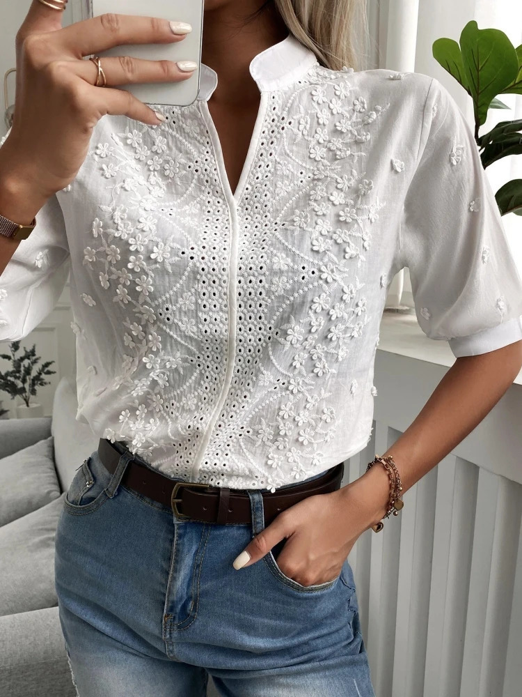 Spring y Women Blouse Fashion Summer Vneck Lantern Sleeve White Shirt Woman Vintage Cotton Hollowout Tops 24350 250514