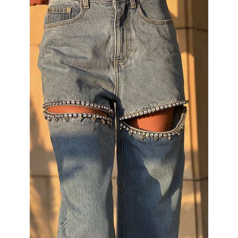 Patchwork Dias Hollow Out Casual Jeans For Women High Waist Spliced Pockets Loose Straight Denim Wide Leg Pants Female