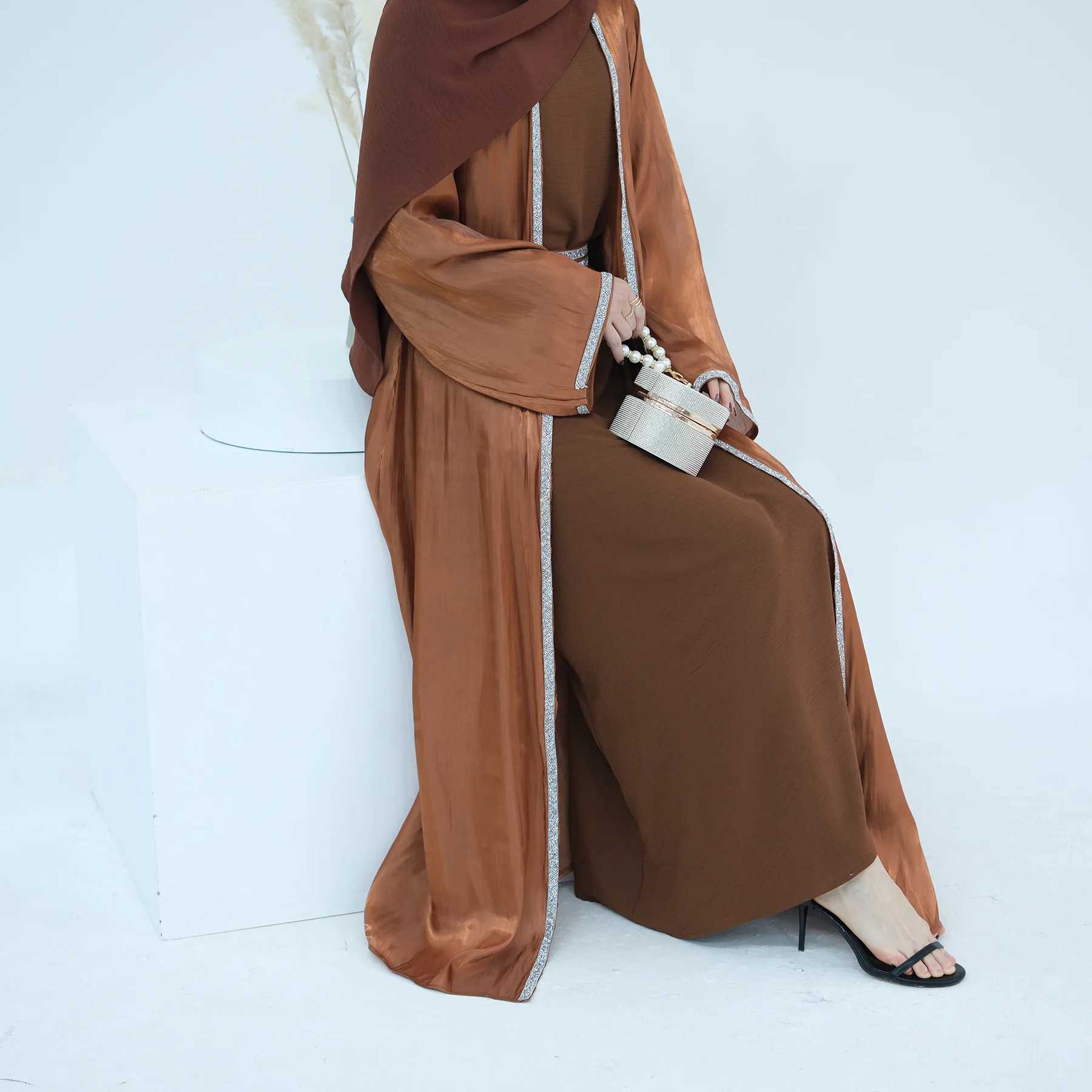 Muslim Set 3-Pieces Women Open Abaya Diamond Kimono Hijab Inner Dress Set Turkey Dubai Kaftan Eid Party Ramadan Caftan Arab Robe X250514