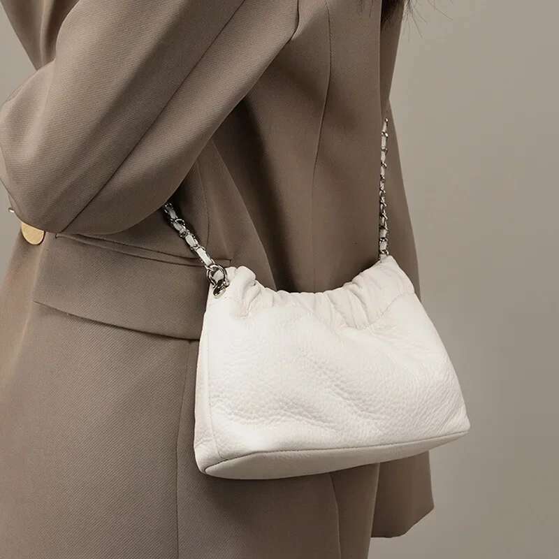 Women's Genuine Leather Shoulder Bags Popular Chain Armpit Pleated Cowhide Crossbody Bag