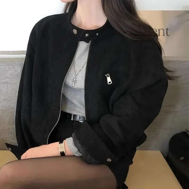 Korea Chic Autumn Retro Temperament Tops Stand Collar Zipper Pocket Loose Coats All-match Short Motorcycle Jacket Women