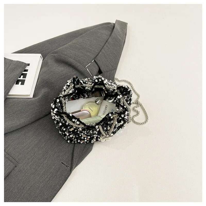 New Evening 2025 Fashion Sequin Bucket Bag Crossbody Bags for Women PU Black Sier Purse and Handbags
