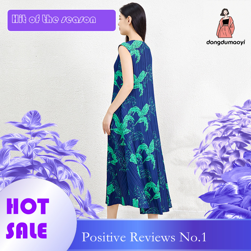 dongdumaoyi Miyake pleated plus size loose dress summer floral print waist cinching slimming A line skirt