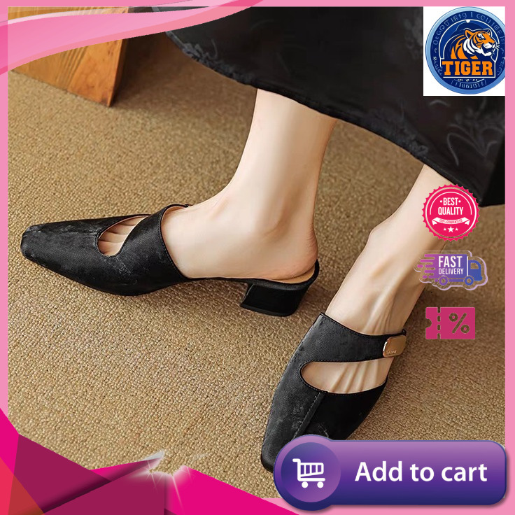 Ddmytiger Chinese Style Baotou Half Slippers For Women New Summer Square Headed One Step Thick Heel Sandals With Hollow Embroidered High Heels Outdoor