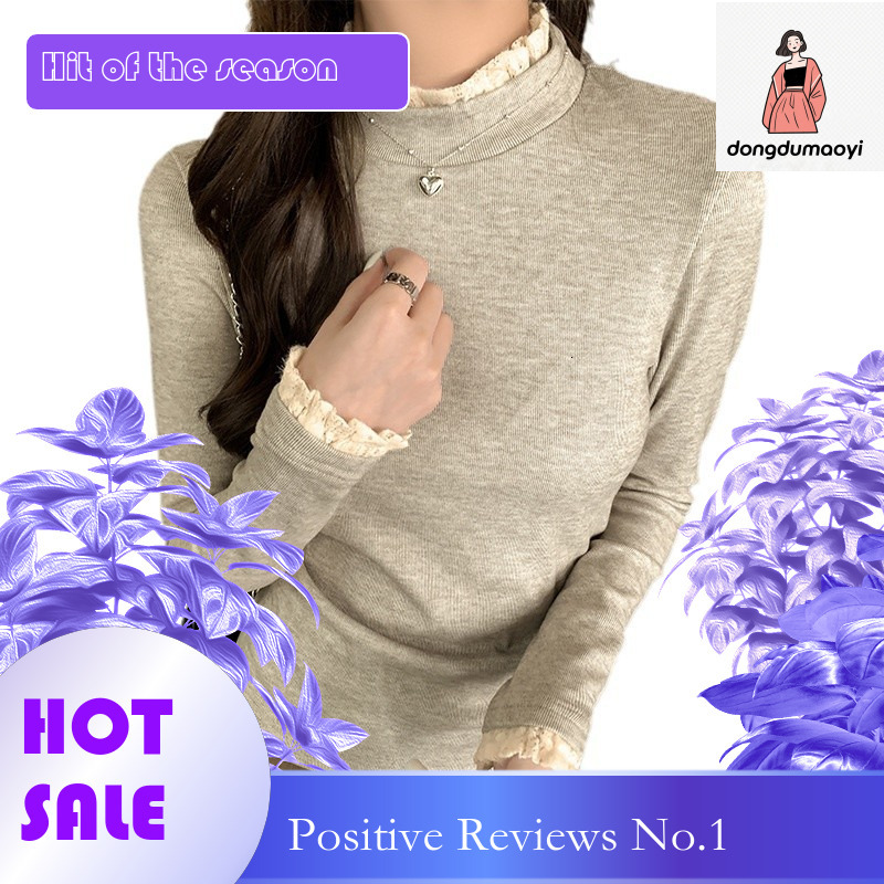 dongdumaoyi Two lace semi high neck German base shirts for autumn and winter vacation, women's western-style interior, new style with velvet long